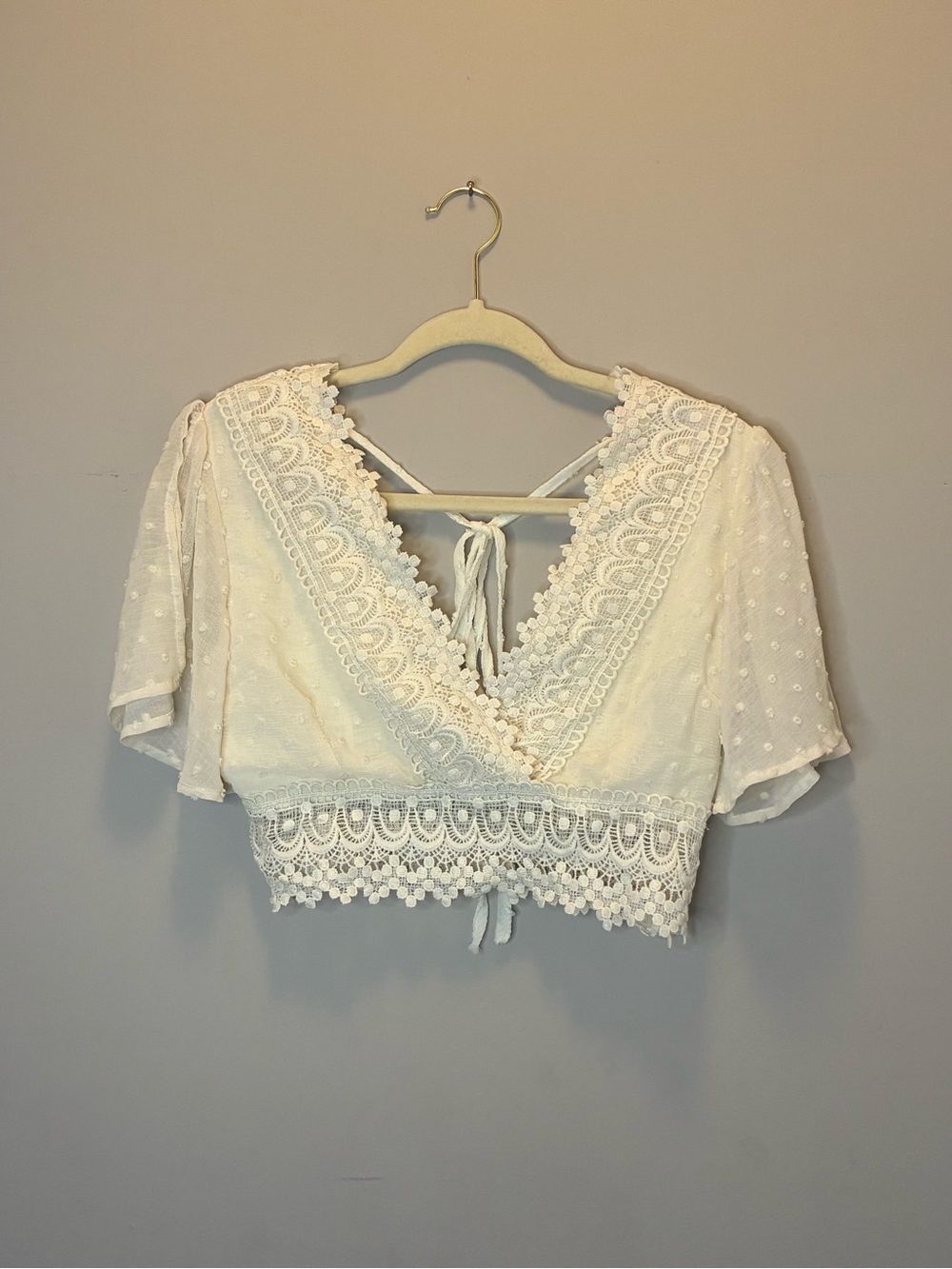 Cream Lace Cropped Top with Tie Back